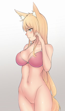 big_breasts blonde_hair bottomless bra breasts clothed clothing eyebrow_through_hair eyebrows female genitals green_eyes hair inner_ear_fluff long_hair looking_forward navel pink_bra pink_clothing pink_underwear simple_background solo tail tan_body tan_skin three-quarter_view translucent translucent_hair tuft underwear vulva white_background white_inner_ear_fluff yellow_tail bluefield animal_humanoid canid canid_humanoid canine canine_humanoid fox_humanoid humanoid mammal mammal_humanoid hi_res