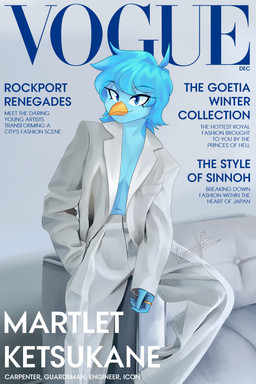 absolute_territory anthro beak blue_body blue_eyes blue_feathers blue_hair bottomwear breasts cleavage clothed clothed_female clothing content content_smile eyelashes eyelashes_through_hair fashion feathers female furniture hair hand_in_pocket jacket lidded_eyes looking_at_viewer navel non-mammal_breasts pants pockets pose posing_for_picture ring simple_background sitting smile smiling_at_viewer sofa solo text topwear translucent translucent_hair yellow_beak lewott undertale_yellow vogue_(magazine) martlet_(undertale_yellow) avian bird 2025 2:3 absurd_res cover english_text hi_res magazine_cover pinup signature