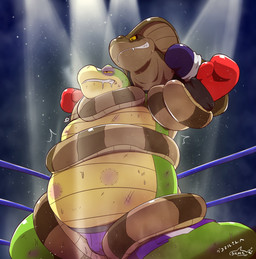anthro bodily_fluids bottomwear bound boxers_(clothing) boxing_gloves brown_body bulge clothing coiling coiling_another coiling_around_neck drooling duo green_body handwear kemono male overweight overweight_male saliva scar shorts underwear shachi_ojisan brok_the_investigator cowcat_games brok_(brok_the_investigator) alligator alligatorid cobra crocodilian reptile scalie snake 2025 hi_res