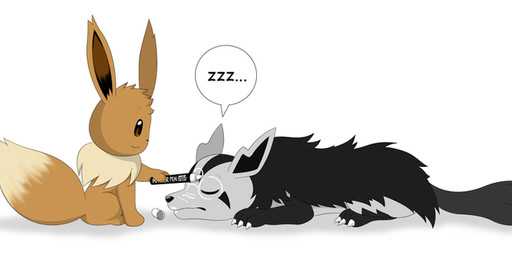 ambiguous_gender body_writing dipstick_tail duo eyes_closed feral marker markings multicolored_tail prank side_view simple_background sitting sleeping sound_effects speech_bubble tail tail_markings vowelless vowelless_sound_effect white_background writing_on_face zzz winick-lim nintendo pokemon canid canine eevee generation_1_pokemon generation_3_pokemon mammal mightyena pokemon_(species) 2015 digital_media_(artwork)