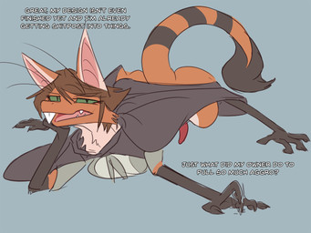 after_transformation alternate_species anthro breasts brown_body brown_fur brown_hair buckteeth cape clothing dialogue fingerpads fur genitals green_sclera grey_background gynomorph hair intersex open_mouth pawpads penis simple_background solo teeth text general-irrelevant out-of-placers runa_ravnsdal mammal yinglet 2021 4:3 english_text source_request herm_(lore)