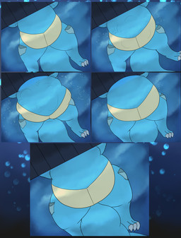 abdominal_bulge after_vore air_bubble ambiguous_gender anthro blue_body claws digestion fatal_vore low-angle_view partially_submerged soft_vore solo tail tan_body underwater vore water weight_gain worm's-eye_view tastytales nintendo pokemon feraligatr generation_2_pokemon pokemon_(species) 2026 absurd_res comic hi_res male_(lore)