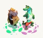 anthro bottomwear clothing duo hat headgear headwear looking_at_viewer male muscular necktie shirt shorts simple_background tank_top topwear white_background piti_yindee kroko common_hippopotamus crocodile crocodilian hippopotamid mammal reptile scalie absurd_res hi_res