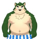 1:1 anthro belly blush boxers_(clothing) canid canine canis clothing domestic_dog embarrassed eyebrows fur green_body green_fur lifewonders live_a_hero male mammal mokdai moobs navel neck_tuft nipples overweight overweight_male simple_background solo thick_eyebrows tuft underwear undressing white_background yaki_atsuage