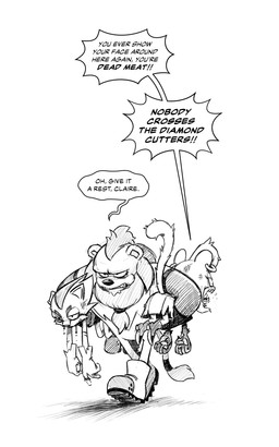 anthro blood bodily_fluids boots clothing female footwear gloves group handwear humor male shoes text trio wounded mellodillo idw_publishing sega sonic_the_hedgehog_(comics) sonic_the_hedgehog_(idw) sonic_the_hedgehog_(series) claire_voyance slinger_the_ocelot smithy_the_lion atelid felid feline haplorhine howler_monkey leopardus lion mammal monkey new_world_monkey ocelot pantherine primate 5:8 black_and_white english_text hi_res monochrome