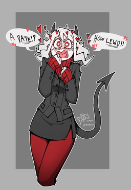 black_horn blush bottomwear business_suit clothed clothing dialogue fangs female fully_clothed hair heart_eyes heart_symbol horn looking_at_viewer not_furry open_mouth pencil_skirt red_eyes short_hair skirt solo spade_tail speech_bubble standing suit sweater tail teeth text tongue topwear turtleneck white_body white_hair white_skin idohj12 helltaker modeus_(helltaker) demon demon_humanoid humanoid 2020 english_text hi_res signature