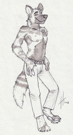 anthro barefoot belt closed_smile clothed clothing feet looking_at_viewer male male_anthro markings mouth_closed narrowed_eyes pawpads slim_anthro slim_male smile solo standing striped_markings striped_tail stripes tail tail_markings topless hufnaar african_wild_dog canid canine mammal 2018 dated full-length_portrait hi_res monochrome portrait