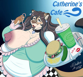 anthro areola big_breasts black_lips blue_eyes breasts burger choker cleavage clothed clothed_anthro clothed_female clothing container cup ear_piercing eyelashes female female_anthro food grey_hair hair huge_breasts humanoid_hands jewelry lips looking_at_viewer necklace nipple_dip nipples one_breast_out pickle_(food) piercing pink_areola pink_nipples plate puffy_nipples smile solo tan_body text thick_bottom_lip vein veiny_breasts drakerogers catherine_(noeticred) cougar felid feline mammal artist_name character_name english_text hi_res signature