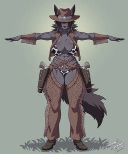 abs animal_print bandolier biceps big_breasts bikini boots breasts chaps clothing cow_print cowboy_hair cowboy_outfit female footwear glistening glistening_body glistening_breasts glistening_skin grey_body grey_hair grey_skin gun hair handgun holster muscular muscular_female ranged_weapon shoes solo swimwear t-pose tassels triceps two-piece_swimsuit weapon crescentia_fortuna animal_humanoid canid canid_humanoid canine canine_humanoid humanoid mammal mammal_humanoid 2025 5:6 dated hi_res signature