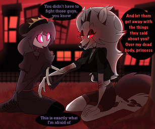 4_fingers anthro band-aid bandage black_body black_feathers black_hair blood bodily_fluids city clothing crown duo feathers female fingers fur grey_body grey_fur grey_hair grey_pawpads hair half-closed_eyes headgear healing hell kneeling narrowed_eyes notched_ear open_mouth open_smile pawpads pink_sclera plant red_sclera sitting smile text tree white_body white_eyes white_fur winter_berryy hellaverse helluva_boss mythology loona_(helluva_boss) octavia_(helluva_boss) avian bird canid canid_demon canine demon hellhound mammal mythological_canine mythological_creature owl english_text hi_res
