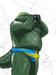 anthro binoculars bulge clothed clothing green_body kemono male overweight overweight_anthro overweight_male solo speedo standing swedish_flag swimming_cap swimwear topless underwear kita_9999 crocodilian reptile scalie 2020 3:4 absurd_res hi_res