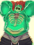 anthro areola belly biped blush bodily_fluids bone bottomwear clothing cracked_skull erection genitals green_body grey_clothing grey_underwear heart_(organ) looking_at_viewer male nipples one_eye_closed organs overweight overweight_anthro overweight_male pants penis rib_cage shirt shirt_behind_head simple_background skull slime solo sweat sweatpants topwear underwear wink winking_at_viewer wetghost doug_(monster_con) goo_creature goo_humanoid humanoid hi_res watermark