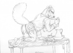 all_fours anus backsack balls bottomless clothed clothing ear_piercing fluffy fluffy_tail furniture genitals looking_at_viewer male piercing presenting solo table tail rukis puquanah arctic_fox canid canine fox mammal true_fox 2015 monochrome sketch