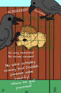 abuse ambiguous_gender animal_abuse bald_patch beak black_beak black_talons blood bodily_fluids brown_hair cage crying eyes_closed feathers feral fur grass grey_body grey_feathers group hair open_mouth outside pain plant tears text trapped trio wounded yellow_body yellow_fur young young_ambiguous young_feral roadkill_(fc) fluffy_pony avian bird fluffy_pony_(species) mammal 2025 absurd_res broken_english cel_shading digital_drawing_(artwork) digital_media_(artwork) english_text hi_res shaded