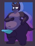 antennae_(anatomy) anthro balls belly big_penis black_body black_fur black_tail blue_eyes blue_penis fur genitals grey_body grey_fur male overweight overweight_male paws penis slightly_chubby smile solo tail thick_thighs unusual_anatomy unusual_genitalia unusual_penis wide_hips chip_at_night alien felid feline mammal 3:4