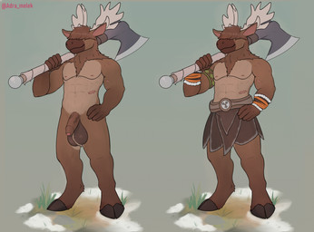 abs anthro armwear axe ball_tuft balls biceps big_balls body_hair breechcloth brown_body clothed clothing deltoids flaccid foreskin fur genitals holding_axe holding_object male mountain muscular muscular_anthro muscular_male muscular_thighs nipples nude pecs penis scar snow solo topless tuft warrior adra_(artist) deer mammal moose new_world_deer 2023 hi_res