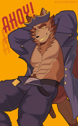 abs accessory anthro bedroom_eyes belt biped black_nose blue_clothing body_hair bottomwear brown_body brown_fur chair cheek_tuft chest_tuft clothed clothing coat ear_piercing ear_ring eyebrows facial_hair facial_tuft fur furniture goatee half-closed_eyes hands_behind_head happy_trail hat headgear headwear iris looking_at_viewer male multicolored_body multicolored_fur muscular muscular_anthro muscular_male narrowed_eyes open_belt open_bottomwear open_clothing open_pants open_shirt open_topwear pants partially_clothed pecs piercing pose presenting pubes ring_piercing seductive shirt simple_background sitting smile solo teeth teeth_showing text topwear tuft unbuckled_pants underwear uniform yellow_sclera wilsondoggo64 indigo_park skurv_the_coyote_(indigo_park) canid canine canis coyote mammal 2026 colored english_text hi_res watermark