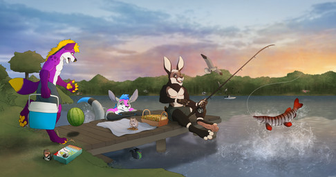 5_fingers anthro athletic athletic_anthro athletic_male barefoot basket boat bottomwear brown_body cereal_box clothed clothing container detailed_background docks dropping_object eating feet feral fingers fishing fishing_rod food fruit grey_body group happy holding_cooler lake leaning_on_surface looking_at_another looking_down male melon outside partially_submerged pecs picnic_basket plant pool_toy purple_body sandwich_(food) shocked shorts sky topless topless_anthro topless_male tree vehicle watercraft watermelon white_body armorine armorine_(armorine) oski_(oskom) swico xadron_(character) avian bird cricetid fish hamster hare hyena kangaroo lagomorph leporid macropod mammal marine marsupial rodent digital_media_(artwork) hi_res