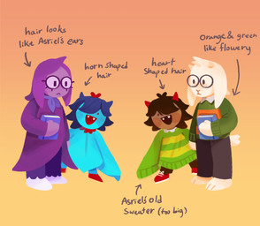 ambiguous_gender anthro biped blue_body blue_hair blue_skin blush blush_lines brown_body brown_hair brown_skin cute_fangs eyewear fake_horns fangs female floppy_ears flower frown fur glasses gradient_background group hair hair_over_eye long_sleeves male plant purple_body purple_hair purple_skin red_eyes scut_tail short_hair short_tail simple_background snout tail teeth text wearing_glasses white_body white_fur young magentasnail deltarune undertale undertale_(series) aqua_(deltarune) asriel_dreemurr kris_dreemurr seth_(deltarune) boss_monster_(undertale) bovid caprine elemental_creature flora_fauna flower_creature goat human humanoid mammal seven_flowers 2026 digital_drawing_(artwork) digital_media_(artwork) english_description english_text hi_res adopted_(lore) adoptive_brother_(lore) adoptive_sibling_(lore) nonbinary_(lore)