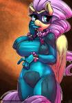 2015 anthro anthrofied atryl big_breasts blue_eyes breasts clothing curvy_figure digital_media_(artwork) equid equine feathered_wings feathers female fluttershy_(mlp) friendship_is_magic fur hair hasbro hi_res mammal mask my_little_pony mythological_creature mythological_equine mythology pegasus pink_hair power_ponies_(mlp) saddle_rager_(mlp) solo suit thick_thighs voluptuous white_body white_fur wide_hips wings yellow_body yellow_feathers