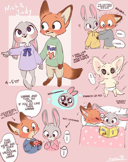 aged_down anthro barefoot bed blush bodily_fluids book clothed clothing dipstick_ears ear_markings ears_down feet female fully_clothed fur furniture gesture green_eyes grey_body grey_fur group hand_gesture holding_book holding_object holding_toy hoodie inner_ear_fluff male multicolored_ears on_bed orange_body orange_fur pink_background pivoted_ears pointing purple_eyes reading simple_background standing sweat sweatdrop tan_body tan_fur text thought_bubble topwear toy tuft under_covers young young_anthro memegmu third-party_edit disney zootopia finnick_(zootopia) judy_hopps nick_wilde american_red_fox canid canine fennec_fox fox lagomorph leporid mammal rabbit red_fox true_fox 2020 english_text hard_translated hi_res translated