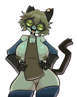 anthro apron areola armwear bangs barbell_piercing bedroom_eyes big_breasts black_nose blue_lighting bodily_fluids bottomless breasts brown_apron brown_areola brown_clothing brown_ears brown_eyewear brown_gloves brown_goggles brown_hair brown_handwear brown_nipples brown_tail cleavage clothed clothing cocked_hip crooked_tail crooked_whiskers dark_ears dark_tail detached_sleeves exposed_breasts eyewear female genitals glasses gloves goggles hair half-closed_eyes hands_on_hips handwear ineffective_clothing leather leather_clothing leather_gloves leather_handwear light_hair messy_hair narrowed_eyes nipple_dip nipple_piercing nipples notched_ear open_mouth piercing saliva saliva_string seductive shirtless short_hair side_bangs simple_background solo standing tail tan_body thick_thighs tinted_glasses tongue tongue_out vulva white_background wide_hips melonmiloc gameoverse glitch_productions scratch_(gameoverse) domestic_cat felid feline felis mammal 2026 4:5 cel_shading hi_res portrait shaded spanish_description three-quarter_portrait