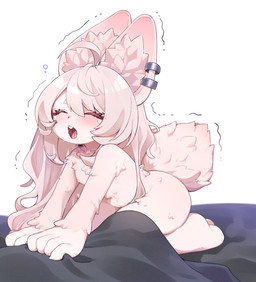 all_fours anthro bedding blanket bodily_fluids ear_piercing ear_ring eyes_closed female hair kneeling nipples nude open_mouth piercing pink_body pink_hair pussy_peek ring_piercing solo stretching tears yawn young sonira mihoyo zenless_zone_zero zhao_(zenless_zone_zero) lagomorph leporid mammal rabbit thiren absurd_res hi_res adult_(lore)