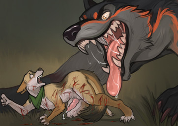 anthro bared_teeth blood bodily_fluids cum duo feral genital_fluids genitals gore imminent_vore kerchief male neckerchief neckwear penis saliva scared teeth vore torakuta canid canine canis coyote mammal wolf hi_res
