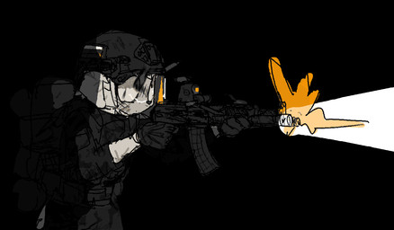 anthro black_clothing black_hat black_headwear black_jacket black_nose black_topwear clothing dark fur grey_body grey_fur gun hat headgear headwear holding_gun holding_object holding_ranged_weapon holding_rifle holding_weapon jacket male military military_uniform ranged_weapon rifle shooting soldier solo topwear uniform warrior weapon bravobunny canid canine canis domestic_dog mammal