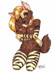 anthro big_breasts biped breasts ear_piercing female genitals kneeling looking_at_viewer nipples nude piercing pose pussy simple_background solo white_background terrie_smith hyena mammal striped_hyena 2003 absurd_res hi_res pinup signature traditional_media_(artwork)