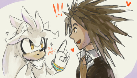 amazed anthro brown_hair clothing dialogue duo exclamation_point fur gesture gloves grey_body grey_fur hair hand_gesture handwear looking_at_another male pointing pointing_at_another text white_body white_fur yellow_eyes spacecolonie danganronpa danganronpa:_trigger_happy_havoc sega sonic_the_hedgehog_(series) spike_chunsoft silver_the_hedgehog yasuhiro_hagakure eulipotyphlan hedgehog human mammal 2015 crossover english_text