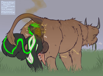 anthro backsack balls bodily_fluids butt cum duo eating_feces feces feces_in_mouth feces_on_face feral field fumes genital_fluids genitals male male/male penis smelly y32010g cam_skunk bovid bovine cattle mammal mephitid skunk hi_res