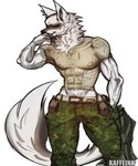 abs alternate_costume alternative_fashion anthro athletic belt bodily_fluids bottomwear cheek_tuft clothing covering covering_mouth facial_markings facial_tuft fluffy fluffy_tail fur fuzzy hand_in_pocket head_markings inner_ear_fluff long_tail male markings mask_(marking) military military_clothing military_pants muscular muscular_anthro muscular_male narrowed_eyes neck_tuft nipples pants pockets raised_arm red_eyes shirt simple_background solo standing sweat sweatdrop tail topwear translucent translucent_clothing translucent_topwear tuft vein veiny_arms wet wet_clothing white_background white_body white_fur kaffeinn dreamworks puss_in_boots_(franchise) death_(puss_in_boots) canid canine canis mammal wolf 5:6 hi_res signature