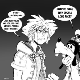 anthro anti-ai biped black_nose black_text bodily_fluids buckteeth clothed clothing duo fully_clothed gradient_background grey_background hair hoodie humor male on_model open_mouth simple_background speech_bubble spiky_hair tears tears_of_sadness teeth text topwear white_speech_bubble zipper zelieldraws disney kingdom_hearts square_enix goofy_(disney) sora_(kingdom_hearts) canid canine canis domestic_dog human mammal 1:1 2026 black_and_white digital_drawing_(artwork) digital_media_(artwork) english_description english_text half-length_portrait hi_res monochrome portrait signature