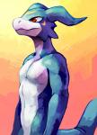 ambiguous_gender anthro athletic athletic_ambiguous athletic_anthro blue_body blue_skin clothed clothing male nude painting pecs red_eyes solo topless blitzdrachin conditional_dnp bandai_namco digimon digimon_(species) flamedramon reptile scalie hi_res