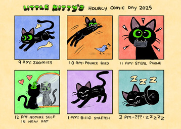 :3 ambiguous_gender black_body black_fur blue_background eyes_closed feral fur glistening glistening_eyes green_background green_eyes heart_symbol looking_aside looking_at_self looking_at_viewer mirror motion_lines orange_background paws pink_background purple_background running scar shadow simple_background sleeping snake_hat solo solo_focus stretching text time time_lapse time_period timeline toony whiskers white_background shanhorandraws little_kitty_big_city little_kitty_(lkbc) avian bird domestic_cat felid feline felis mammal 2025 comic english_text hi_res official_art
