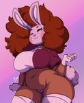 2020 anthro breasts brown_body brown_fur brown_hair clothed clothing collar deedine_(geeflakes) digital_media_(artwork) eyes_closed female freckles fur geeflakes hair heart_nose heart_symbol hi_res lagomorph legwear leporid mammal navel partially_clothed pasties pink_nose rabbit simple_background slightly_chubby solo thick_thighs topwear watermark wide_hips