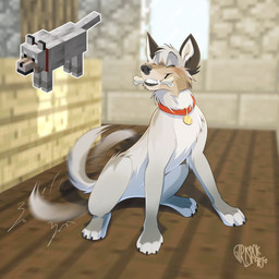 ambiguous_gender bone claws collar eyes_closed fangs feral fur grey_body grey_fur happy inside motion_blur motion_lines mouth_hold name_tag paws sitting smile solo tail tail_motion tailwag tan_body tan_fur teeth white_body white_fur girlsrok_art microsoft minecraft mojang xbox_game_studios canid canine mammal wolf_(minecraft) 1:1 2025 digital_drawing_(artwork) digital_media_(artwork) hi_res reference_image signature