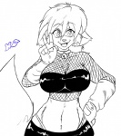 anthro big_breasts breasts clothed clothing collar female fishnet_clothing fur gesture hair hand_gesture midriff panty_peek simple_background solo tail v_sign white_background wide_hips skidd kilika domestic_cat felid feline felis mammal black_and_white monochrome