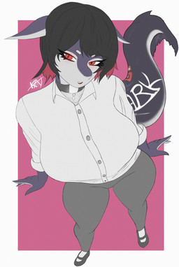 alternate_species anthro big_breasts biped black_body black_hair bottomwear breasts clothed clothing collar collared_shirt dress_shirt eyelashes female footwear front_view furrification grey_body hair high-angle_view looking_at_viewer multicolored_body pants pink_background red_eyes shark_tail shirt shoes short_hair simple_background solo standing text text_on_body text_on_tail tight_bottomwear tight_clothing tight_pants topwear two_tone_body wide_hips katriot mihoyo zenless_zone_zero ellen_joe aquatic fish shark 2025 absurd_res alternate_version_at_source digital_drawing_(artwork) digital_media_(artwork) full-length_portrait hi_res portrait signature