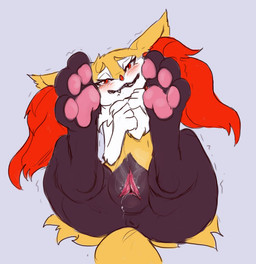 animal_genitalia animal_vulva anthro anus bite biting_lip biting_own_lip black_body black_fur black_lips blush bodily_fluids butt canine_genitalia canine_vulva eye_contact fangs feet female foot_focus fur genital_fluids genitals grey_background half-closed_eyes hindpaw in_heat inner_ear_fluff lips looking_at_another looking_at_viewer lying musk musky_vulva narrowed_eyes nude on_back pawpads paws plump_labia presenting presenting_vulva red_body red_eyes red_fur self_bite shaking shy simple_background smile solo steam teeth thick_thighs trembling tuft vaginal_fluids vaginal_musk vulva wet white_body white_fur yellow_body yellow_fur ungulatr nintendo pokemon braixen canid canine generation_6_pokemon mammal pokemon_(species) 2016