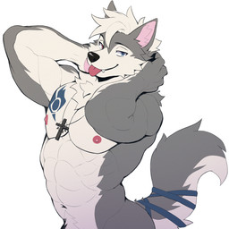 abs anthro black_nose butt cross cross_necklace fangs fluffy fluffy_tail fur grey_body grey_fur heterochromia jewelry kemono looking_at_viewer male muscular muscular_anthro muscular_male necklace nipples nude nude_anthro nude_male pecs pointy_ears pubes solo tail teeth tongue tongue_out white_body white_fur peapeafur canid canine canis mammal wolf 1:1 hi_res