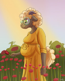 anthro clothing dress eyewear female flower fur glasses green_eyes green_eyewear green_glasses grey_body happy holding_flower holding_object horn humanoid_hands looking_down meadow outdoor_background outside plant pregnant pregnant_anthro pregnant_female rose_(flower) round_glasses smile solo wearing_glasses white_body white_fur yellow_clothing yellow_dress seenty rayelle_(seenty) bovid caprine mammal sheep 2026 digital_drawing_(artwork) digital_media_(artwork) english_description hi_res trans_(lore) trans_woman_(lore)