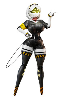 5_fingers big_breasts breasts clothed clothing female fingers hair hazard_stripes machine not_furry screen_eyes short_hair smile solo tail white_body yellow_eyes samzan samzan_(modeler) glitch_productions murder_drones v_(murder_drones) android disassembly_drone humanoid robot robot_humanoid tailed_humanoid 3d_(artwork) absurd_res digital_media_(artwork) full-length_portrait hi_res portrait