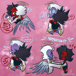 back_wings black_hair blue_body blue_eyes blue_skin dialogue duo eyelashes feathered_wings feathers female freckled_face freckles hair halo horn hug long_eyelashes male male/female motion_lines red_body red_skin smile text white_hair wings gothiicprince hellaverse helluva_boss millie_(helluva_boss) moxxie_(helluva_boss) angel angel_humanoid demon demon_humanoid humanoid imp 1:1 colored english_text hi_res