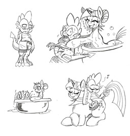 bath blush brush bubble cutie_mark duo eyes_closed fangs female feral fur hair horn male open_mouth pupils slit_pupils smile tail teeth towel water bylisboa friendship_is_magic hasbro my_little_pony mythology spike_(mlp) twilight_sparkle_(mlp) dragon equid equine mammal mythological_creature mythological_equine mythological_scalie scalie unicorn 2014 black_and_white hi_res monochrome
