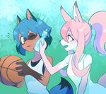 anthro ball basketball_(ball) beverage black_hair black_nose blue_body blue_eyes blue_hair brown_body brown_fur clothed clothing duo facial_markings female fingers fluffy fluffy_tail fur gloves_(marking) hair head_markings long_hair markings mask_(marking) multicolored_body multicolored_fur multicolored_hair one_eye_closed open_mouth pink_body pink_fur pink_hair ponytail shirt soda tail tank_top topwear white_body white_fur h0y0n brand_new_animal ramune studio_trigger michiru_kagemori nazuna_hiwatashi canid canine fox mammal raccoon_dog tanuki 2020