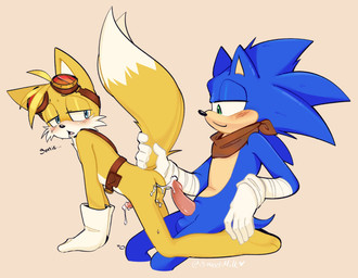 accessory anthro blush blush_lines bodily_fluids clothing cum duo genital_fluids gloves handwear male male/male tail tail_grab yellow_body honniepie sega sonic_boom sonic_the_hedgehog_(series) miles_prower sonic_the_hedgehog canid canine eulipotyphlan fox hedgehog mammal hi_res