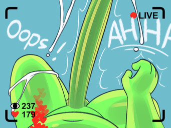 bodily_fluids camera_view cum cum_on_leg dialogue expansion genital_expansion genital_fluids genitals green_body green_penis growth heart_symbol hyper_long_penis livestream male mistake oops penis penis_expansion recording screaming solo text tremble_spikes gemsum spit_(gemsum) goo_creature humanoid imp 2023 4:3