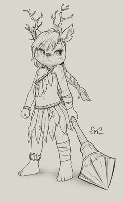 5_toes anklet anthro arm_wraps bottomwear bracelet braided_hair braided_ponytail clothing eyelashes feet female female_anthro flat_chested front_view hair holding_melee_weapon holding_object holding_polearm holding_spear holding_weapon humanoid_feet jewelry leg_wrap logo looking_away markings melee_weapon necklace nipple_slip notched_ear plantigrade polearm ponytail simple_background skirt solo spear spots spotted_markings standing toes tribal tribal_clothing twig weapon wrappings wraps young young_anthro young_female nerdmouse deer mammal 2025 artist_logo digital_drawing_(artwork) digital_media_(artwork) full-length_portrait greyscale hi_res monochrome portrait